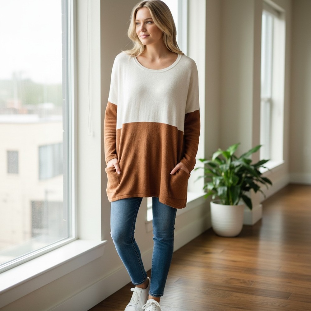 Tea n Rose Colorblock Oversized Sweater Rust Brown Cream Pockets IW790692 ML